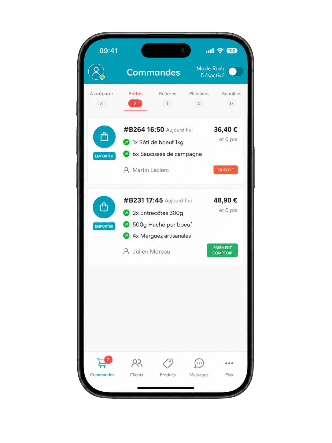 Digicommerce Manager sur iPhone — détail commande boucher